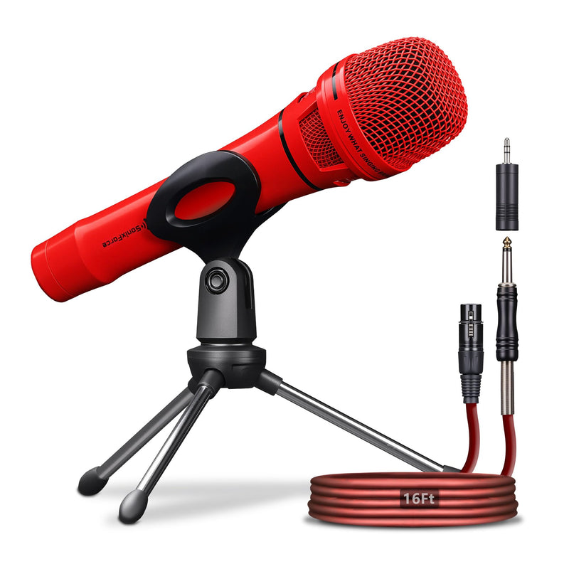 Dynamic Microphone - Professional Vocal Microphone for Singing - Premium Handheld Wired Mic with 16ft XLR to 1/4" Audio Cable - Microfono for Speaker, Mixer, Amplifier & Karaoke Machine Red