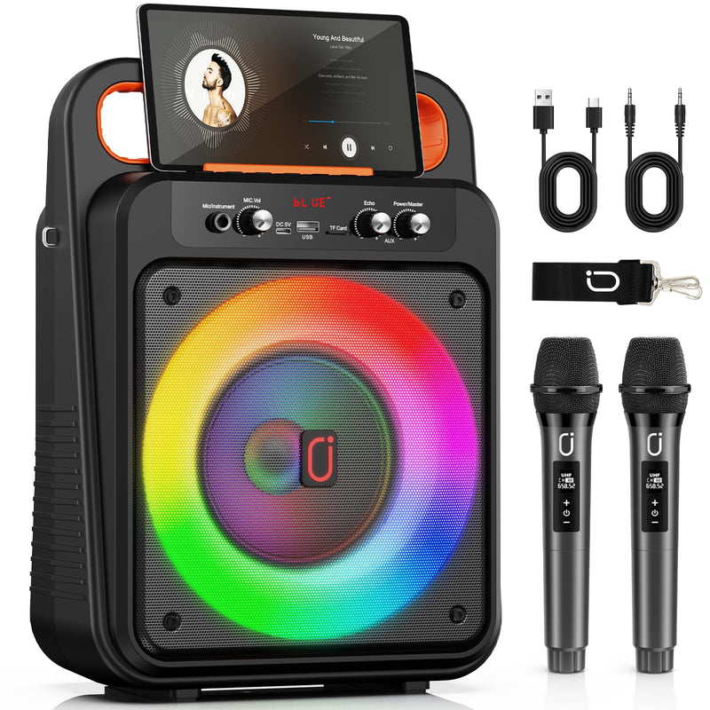 [AUSTRALIA] - JYX Karaoke Machine with 2 Wireless Microphones, Portable Bluetooth Karaoke Speaker for Adults, PA System Speaker with LED Lights Support REC/USB/AUX/TF for Outdoors Home Party (MS79) MS79 