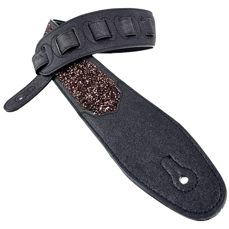 Walker & Williams WW-GL-109 Cary Black Copper Super Sparkle Glitter Bomb Padded Guitar Strap Glove Leather Back For Acoustic, Electric, And Bass Guitars