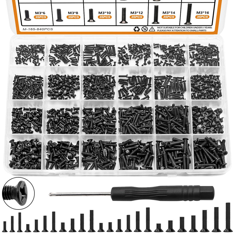 mankk 840PCS Laptop Screws 24 Sizes M1.4/1.7/2/2.5/3 Replacement Computer Tiny Screws Motherboard Screw with Screwdriver for Laptop PC Repair & DIY M-165-840PCS Black-840PCS