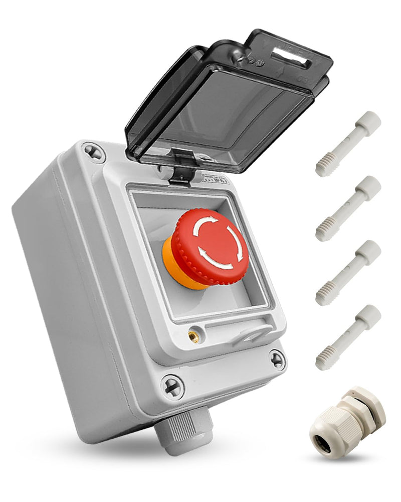 660V 10A Push Button Switch Box, Red Momentary Emergency Stop Button, Shut Off Switch with IP67 Waterproof Protective Cover Red Emergency Stop Only