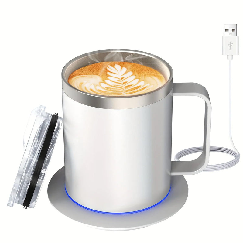 Self Heating Coffee Mug Warmer, 12oz Smart Mug Automatic Shut Off, USB Rechargeable Heated Coffee Mug with Lid for Travel/Office/Home