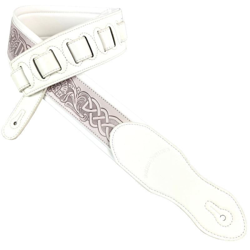 Walker And Williams KB-05-WHT Aged White Celtic Knot Full Grain Carving Leather Padded Strap With Arctic White garment leather Backing For Acoustic, Electric, And Bass Guitars
