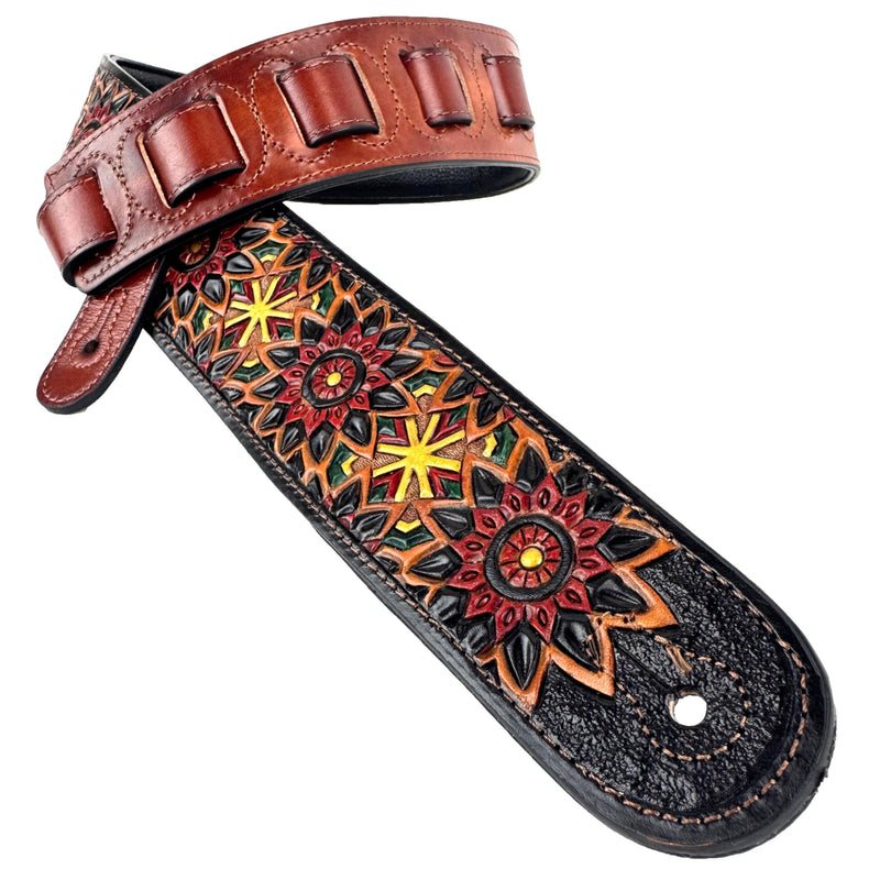 Walker & Williams LIH-2 Black And Brown Hand Carved Premium Leather Guitar Strap With Gold Earth Zodiac Star Design And Premium Padded Back For Acoustic, Electric, And Bass Guitars
