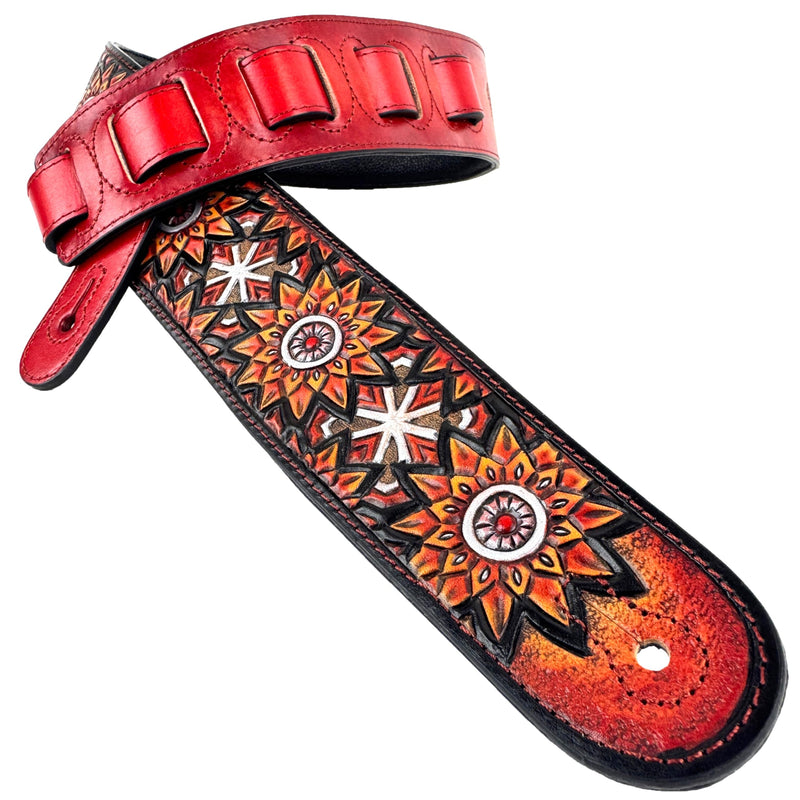 Walker & Williams LIH-3 Cherry Burst Red Hand Carved Premium Leather Guitar Strap With Black Zodiac Star Design And Premium Padded Leather Back For Acoustic, Electric, And Bass Guitars