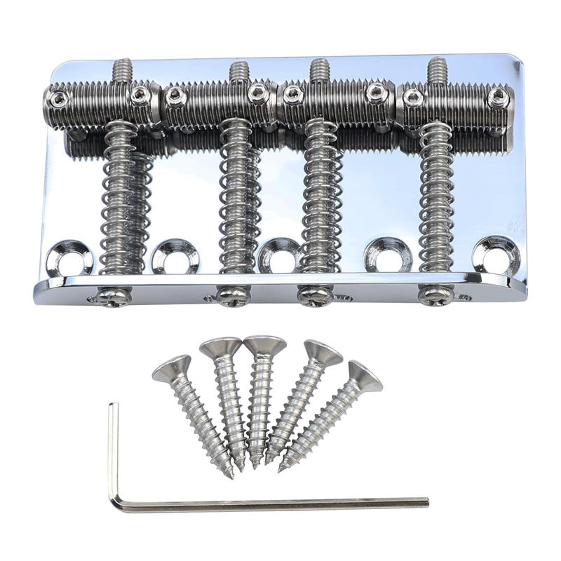 Chrome Electric Bass Guitar Bridge with Stainless Steel Threaded Saddles Plate 4 String Fixed Bridge Compatible with Vintage style Fender Jazz Precision Bass Bridge Replacement Parts 4 Piece Chrome
