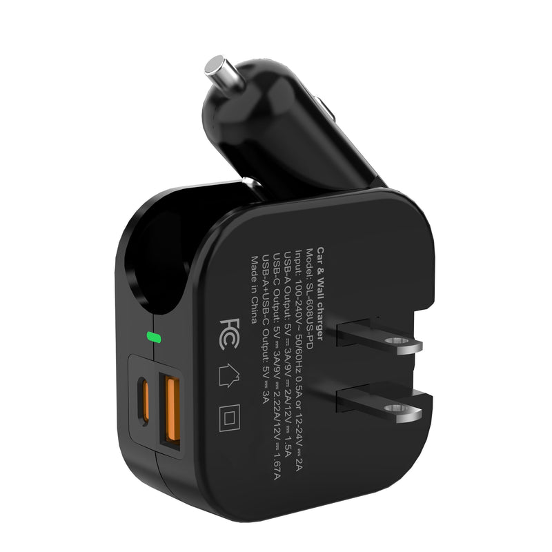 TRON Wall & Car Charger Travel Charging Station, 36W Dual USB-C & USB-A Fast Charger, Foldable for iPhone, iPad, Android, Earbuds – TR17
