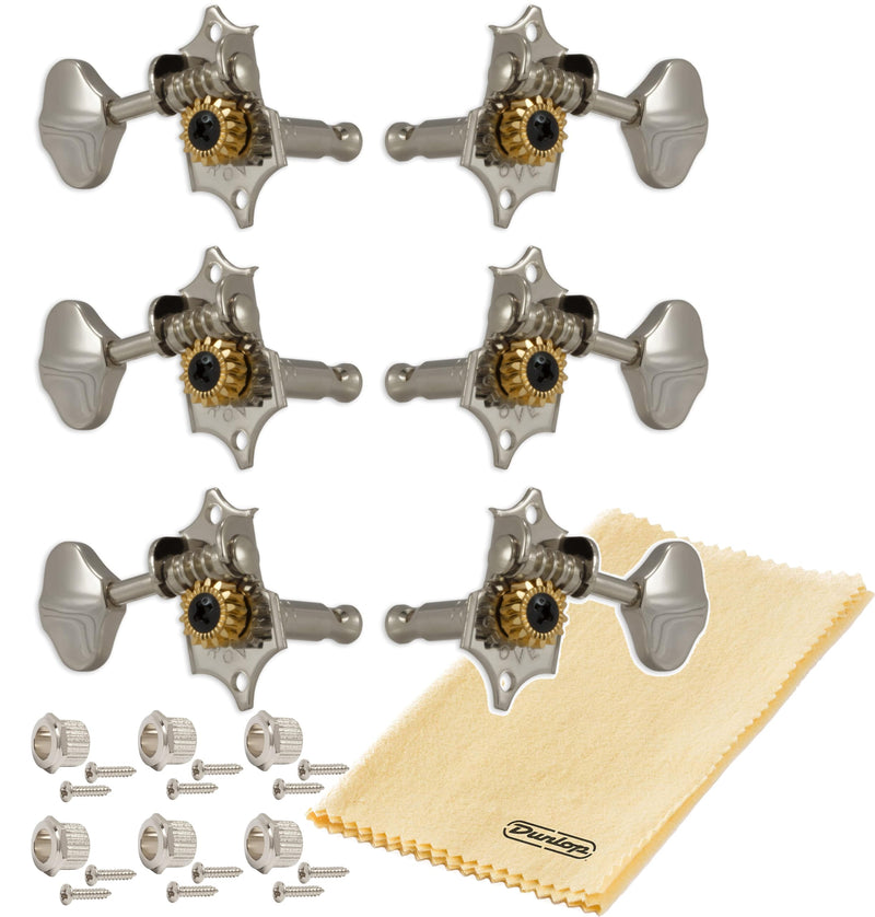 Grover V97N STA-TITE 14:1 Open Gear Guitar Tuners Vintage Style Nickel Tuning Machines 3+3 with Butter Bean Button For Solid (Vertical) Headstock with Tonebird Dunlop Polish Cloth Bundle