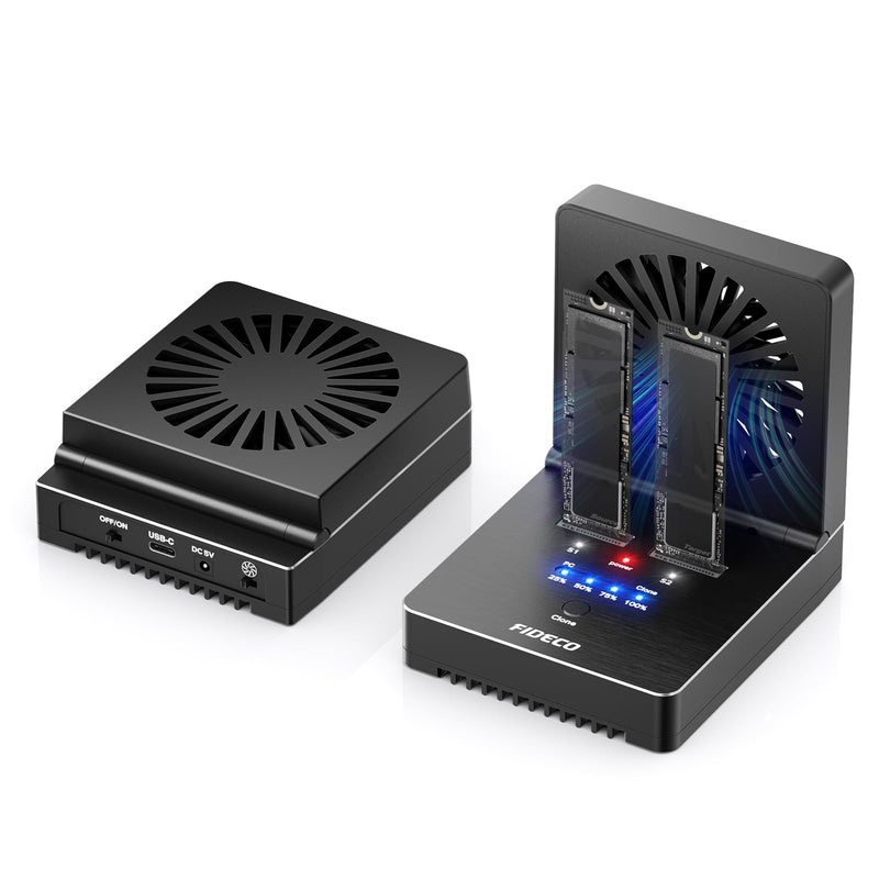 FIDECO M.2 NVMe SATA SSD Cloner Dock, USB 3.2 Gen 2 X 2, 20Gbps NVMe Cloner Duplicator with Foldable Cooling Fan, Support Offline Clone, UASP and Trim, Aluminum Design