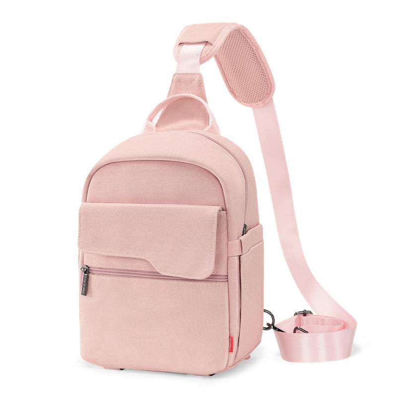 Cwatcun Large Canvas Sling Bag, Crossbody Chest Bag with Tripod Holder | Fits 1body +2lenses +9.7" iPad +6.7"phone.Waterresistant canvas with rain cover, tripod holder, adj strap 29.5-51.2". Pink