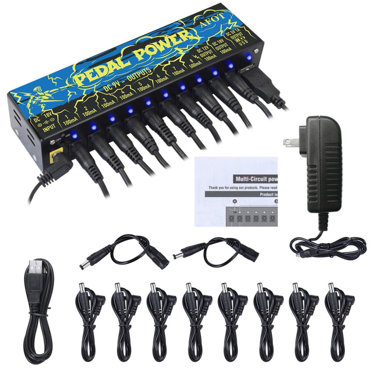 Guitar Power Supply 10 Isolated DC Output for 9V/12V/18V Effect Pedal,Guitar Power Supply for Effect Pedal with Separate Short-Circuit Protection Black