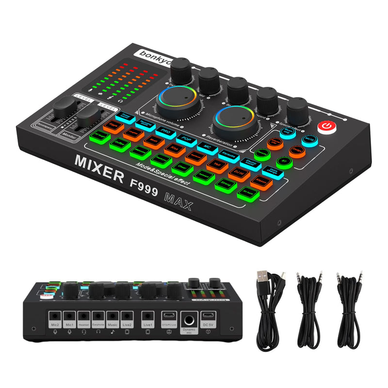 F999MAX Live Sound Card, Professional Audio Mixer & Noise Reduction, Metal Body & Indicator Panel, Audio Interface & Voice Changer, RGB Lighting Effects, DJ Mixer for Live/Gaming/Podcasting/Karaoke