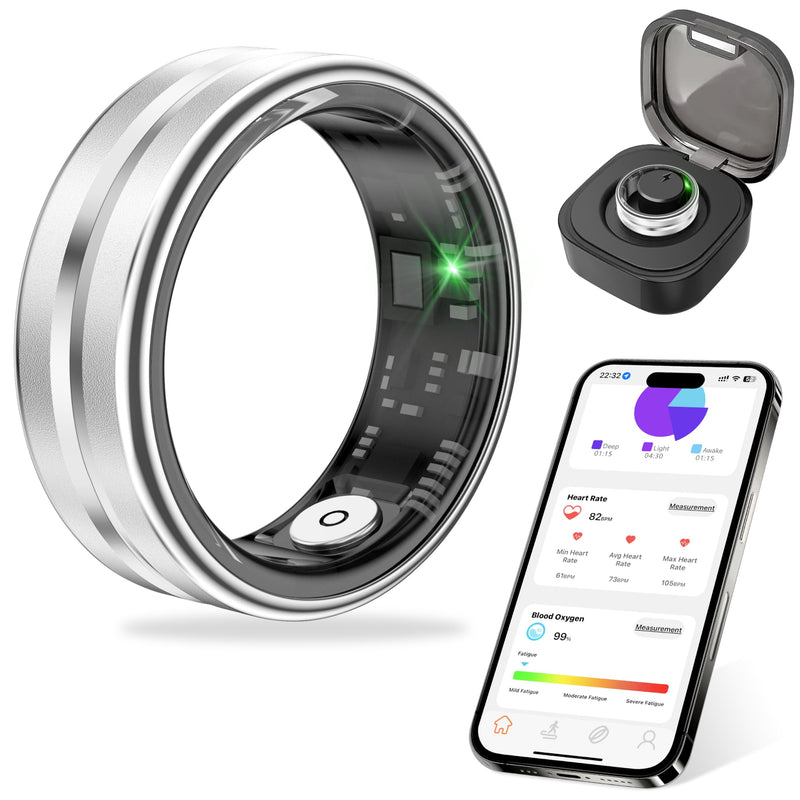 Thin Smart Ring for Fitness & Health Tracking -Pedometer,Sleep/Heart Rate/Blood Oxygen Monitor, Gesture Control / 5ATM Waterproof -No APP Subscription Compatible with Smart Phone (Silver, 12) Silver