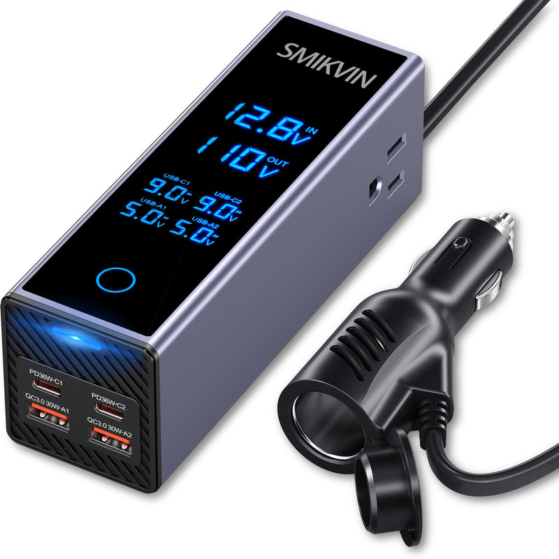 300W Car Power Inverter - 12V to 110V AC Converter with 2 AC Outlets & 4 USB Ports (2 PD 36W + 2 QC3.0 30W), Voltage Display, Cooling Fan for Laptop/CPAP/Travel 300W Light blue