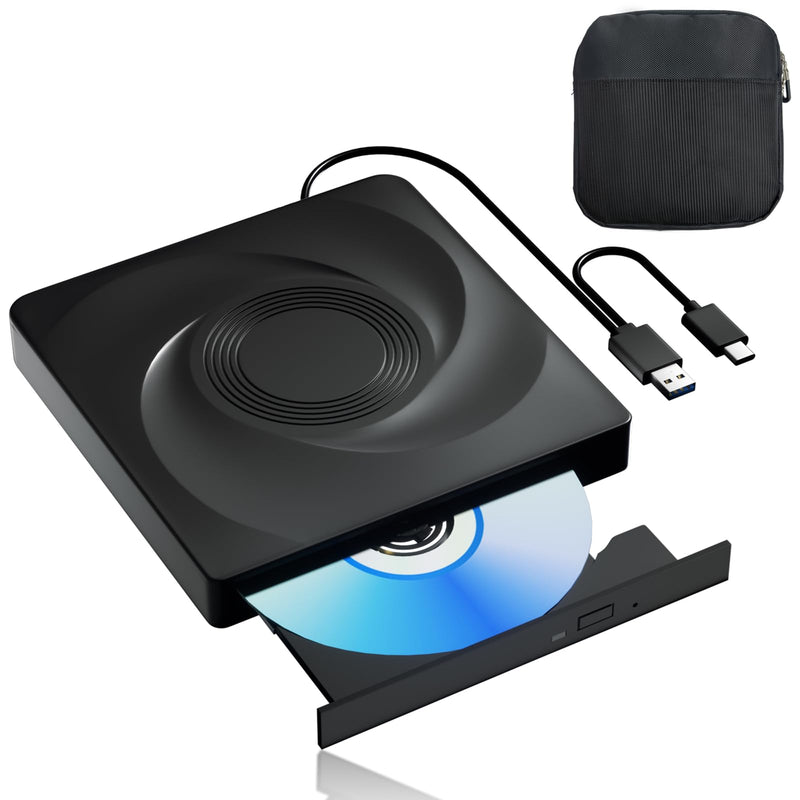 Wbacon External CD/DVD Drive, Portable USB 3.0 Disk Drive for Laptop | External DVD Drive, DVD Player CD Reader for Laptop, CD Burner Compatible with PC Windows 11/10//7 Linux Mac OS (Black & Bag) Black + Bag