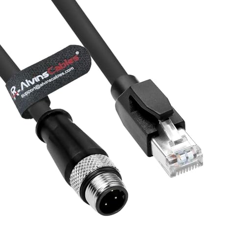Alvin's Cables M12 D-Code 4 Pin Male to RJ45 Ethernet Cable High-Flex for Industrial Camera Sensor, Automation Application 6.6ft/2m Green Black Straight 4 Pin
