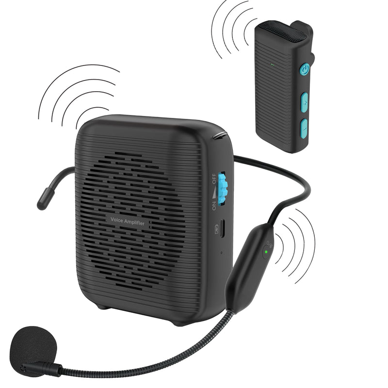 [AUSTRALIA] - AI Wireless Voice Amplifier with 2 Wireless Mics(1 Lavalier mic & 1 Microphone Headset), Bluetooth 5.3 PA System for Teachers, Tour Guide, Yoga - 15H Rechargeable Battery, Waist-Mount Design Black 