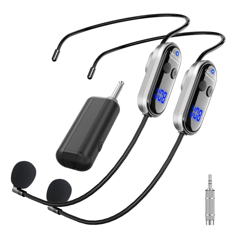Wireless Headset Microphone Double Mic: UHF Mics Head for Two People with LED Digital Display - Head Handheld Mic 2 in 1, 165 ft Range for Voice Amplifier, Tour Guide, Teaching, Fitness, PA System Silver2
