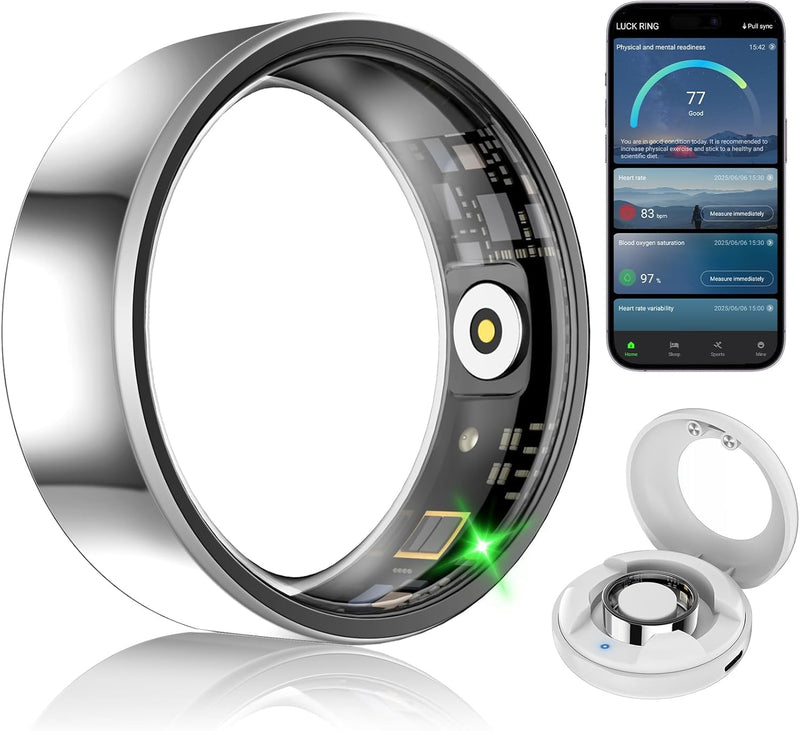Smart Fitness and Activity Ring for Men and Women - Track Heart Rate Stress Sleep Steps and Blood Oxygen, 10ATM Waterproof Fitness Tracker for iPhone and Android, No Subscription Fee, Size 6