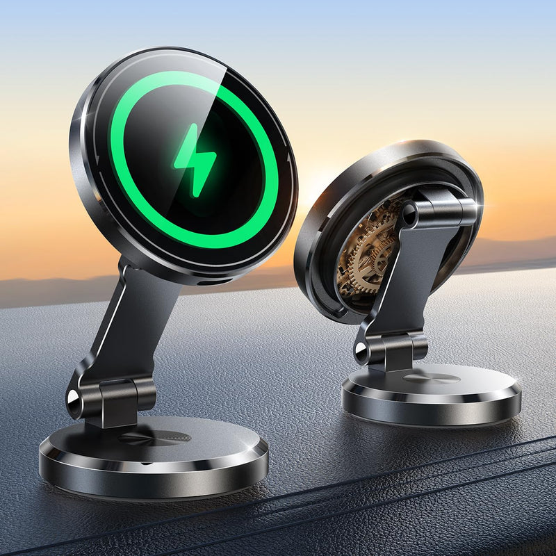 Metal MagSafe Car Mount Charger with 360° Rotatable Charging Panel & Base | 15W Fast Charging Magnetic Phone Holder, Strong Magnets Wireless Car Charger, Car Mount for iPhone 17 Pro Max 16 15 14 13 12 Black
