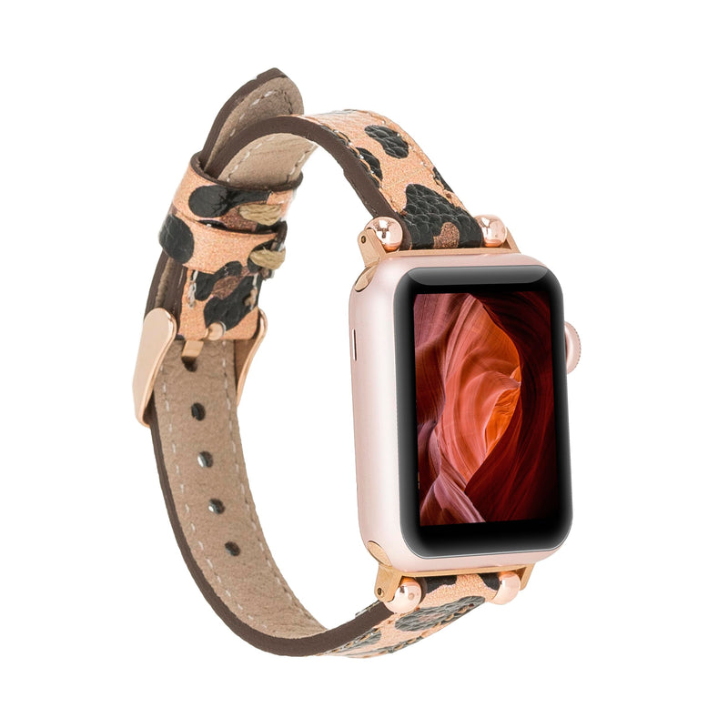 Handmade Leather Watch Band for Apple Watch Series 10-1, Ultra, Sport Compatible with 38 40 41mm Apple Watch Bands for Women & Men Medium Size, Leopard Print w/Gold Connector&Clasp Leopard Print w/Rose Gold Connector&Clasp 41 40 41mm