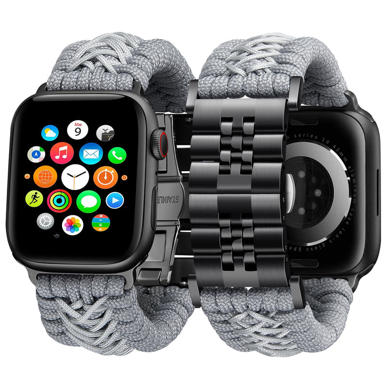 BINLUN Compatible with Apple Watch Band 49mm 46mm 45mm 44mm 42mm 41mm 40mm 38mm Braided Paracord Stainless Steel Sport Watch Strap Fit for iWatch Ultra Series 11/10/9/8/7/SE/6/5/4/3/2/1 for Men Women Gray-Black