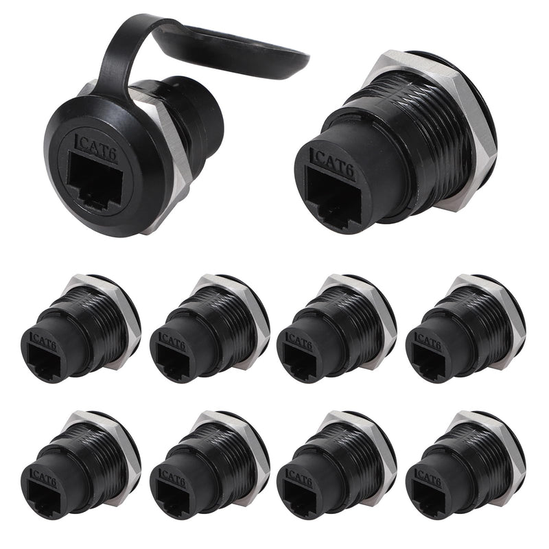 10PCS RJ45 Cat6 8P8C Ethernet Panel Mount Connector | Cat5/5E/6, 8P8C, Ethernet LAN Pass Through Cable Coupler, Female to Female, Extension Adapter, with Waterproof/Dust Cap 10PCS