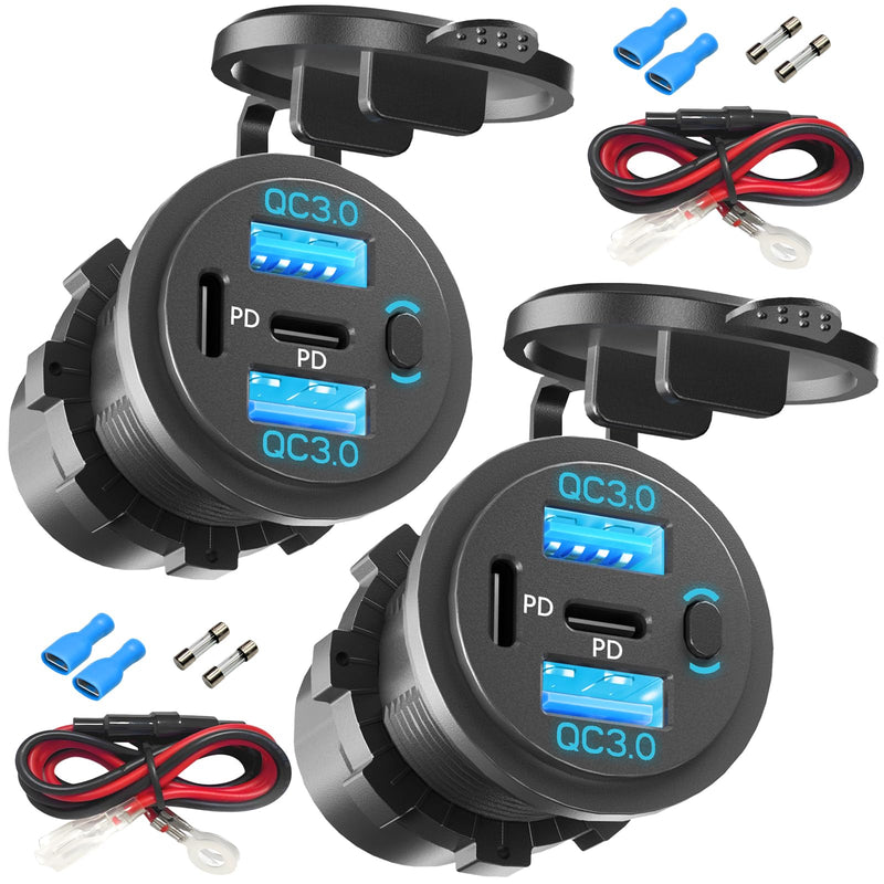 2PCS,Dual PD USB C Ports & Dual USB Quick Charge 3.0 Ports 12V USB Outlet with Switch, VANONE Waterproof and Dustproof Car Charger Socket, Accessories for Car Boat Marine Motorcycle RV ATV Golf Cart 2PCS-4PORT1SWITCH