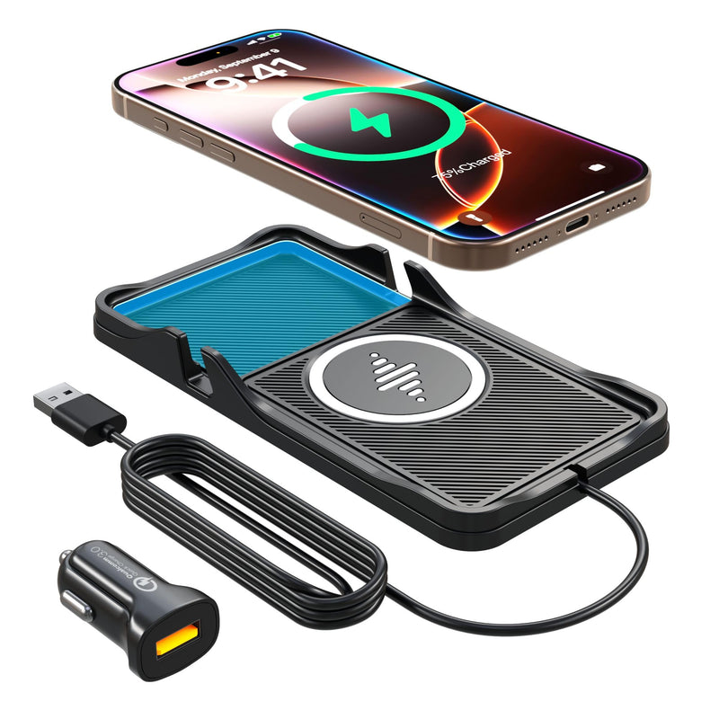 Wireless Car Charger Pad for iPhone 17/16/15/14/13/12 & Samsung, Non Slip Fast Wireless Charging Pad for Car Dashboard Console, Portable USB A Phone Charger for Vehicle SUV Truck Travel
