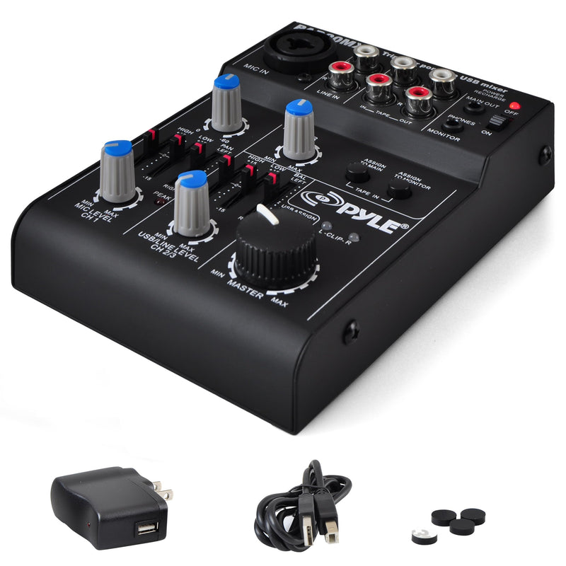 Pyle 5-Channel Professional Audio Mixer DJ Sound Board – Compact Music Mixer with USB Interface, EQ Controls, XLR Mic Input, 18V Phantom Power, Rechargeable Battery – USB/Line/Master Controls