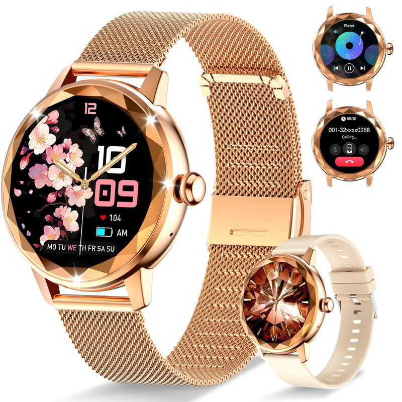 Smart Watch for Women, 1.2" Display 100+ Sports, IP68 Waterproof | Fitness Tracker with Heart Rate, Sleep & Female Cycle, Adjustable Fit, iOS & Android Compatible, W02-Rose Gold
