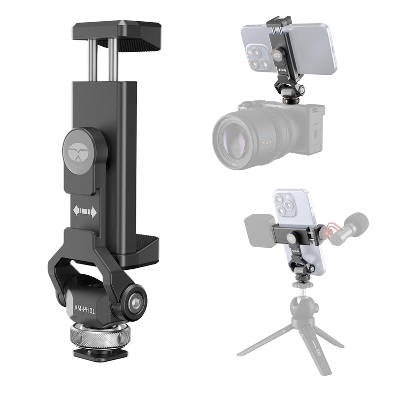 Sirui Metal Phone Holder with Cold Shoe Base for Camera Mount, Universal Tripod Smartphone Clamp with 3 Cold Shoes, Adjustable Cellphone Tripod Mount for iPhone 16 15 14, etc. Gunmetal, AM-PH01