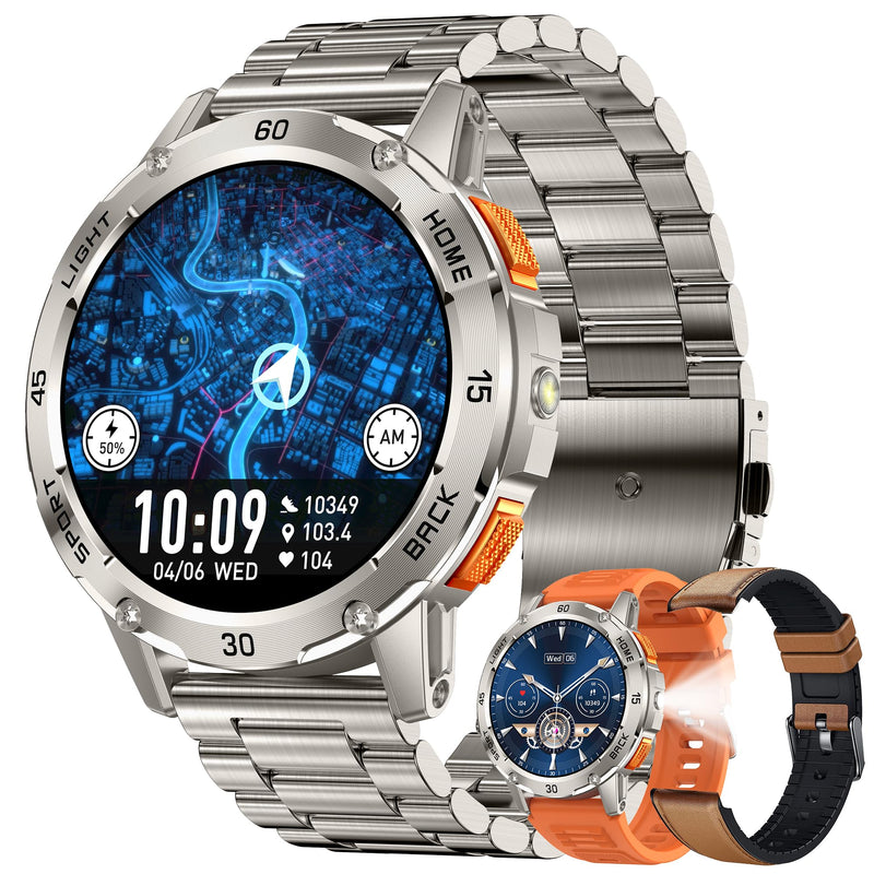 Military Smart Watch (Answer/Make Calls) for Men, 1.53" Smart Watch for Android and iPhone, IP68 Fitness Tracker with Flashlight/Compass/Heart Rate/Sleep/100+ Sport Modes(3 Straps) (Silver) Silver