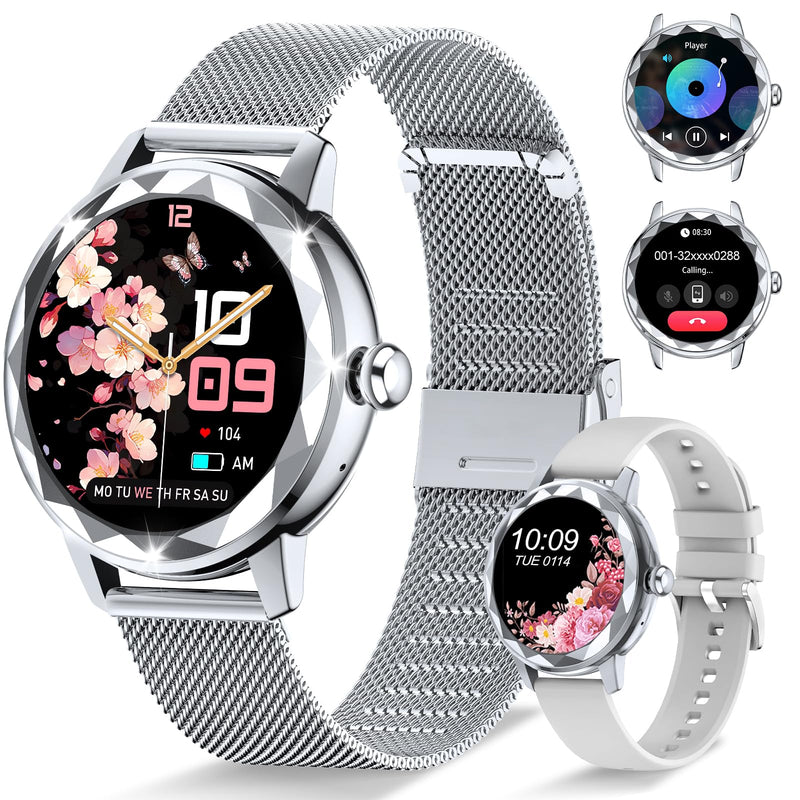 Smart Watch for Women, 1.2" Display 100+ Sports, IP68 Waterproof | Fitness Tracker with Heart Rate, Sleep & Female Cycle, Adjustable Fit, iOS & Android Compatible, W02-Silver