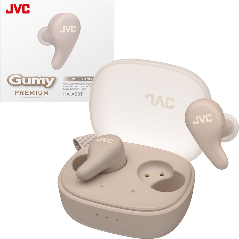 JVC Gumy Premium True Wireless Earbuds Noise Cancelling, Bluetooth 5.4 Headphones 26H Battery, ANC Ambient Mode, Gaming Low Latency, USB-C Case Mocha