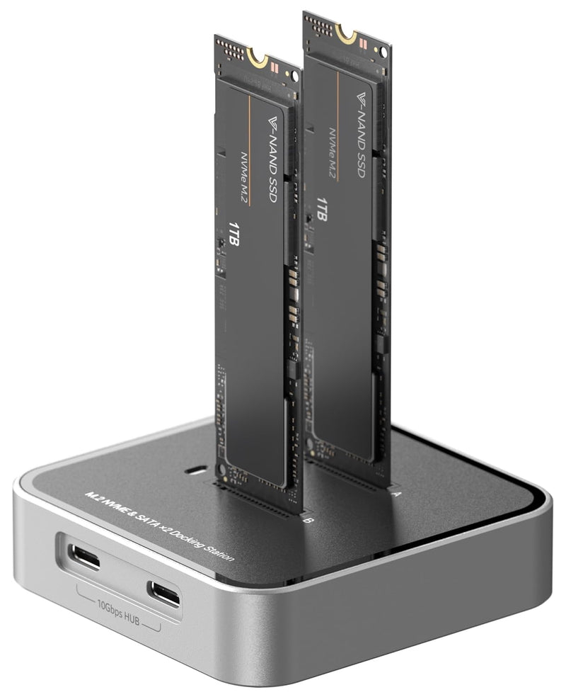 Dual Bay M.2 NVME SATA SSD Enclosure, USB 3.2 10Gbps HUB PCIE NVMe Docking Station, Up to 16TB, Plug and Play, with M.2 SSD Storage Case
