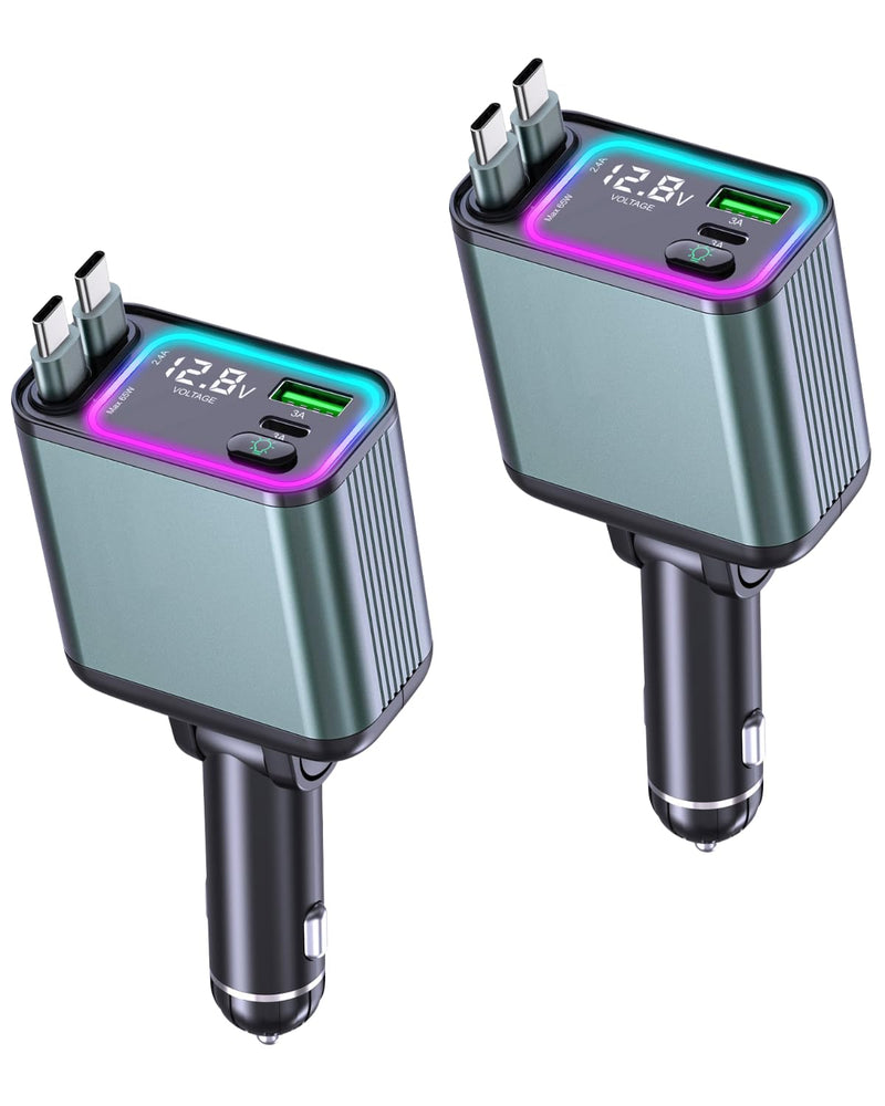 [2 Pack] 4 in 1 Retractable Car Charger with RGB Light, 92W Fast Charging Dual USB C Car Adapter, Compact Car Phone Charger for iPhone/Galaxy/Pixel, Road Trip Essentials (Dual Type C Cable) Dual Type C Cable Dark Green-2Pack