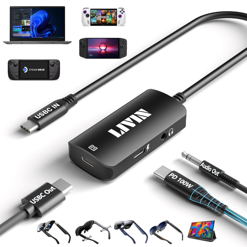 LIVIN USB C to Portable Monitor、AR Glasses XREAL One、Air 2 Pro/VITURE Pro/RayNeo Air 2s、3s/Rokid,【4K@60Hz+PD 100W+Audio 3.5mm】,USB C to Type C Adapter iPhone15/16、Android、PC、Switch、Steam Deck、Rog Ally Black