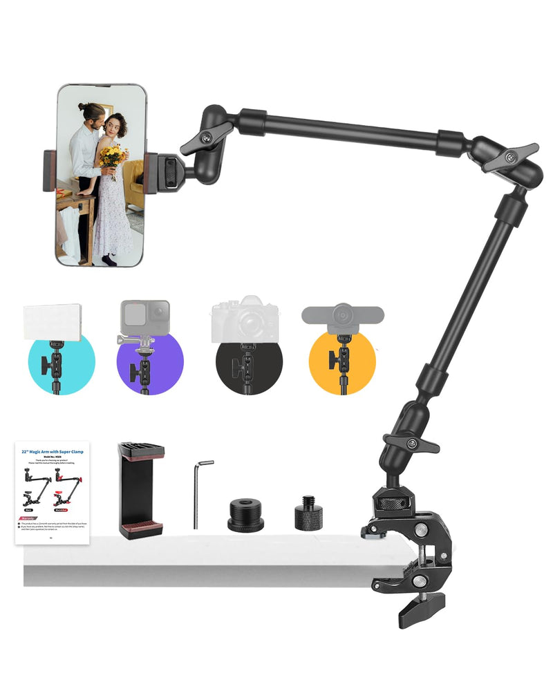[AUSTRALIA] - 22" Magic Arm w Clamp, Overhead Phone Mount, Desk Camera Mount w Articulating Friction Boom Arm Thread Adapter, for Phone Video Light Webcam Microphone Action Camera Content Creators 22IN-BK 