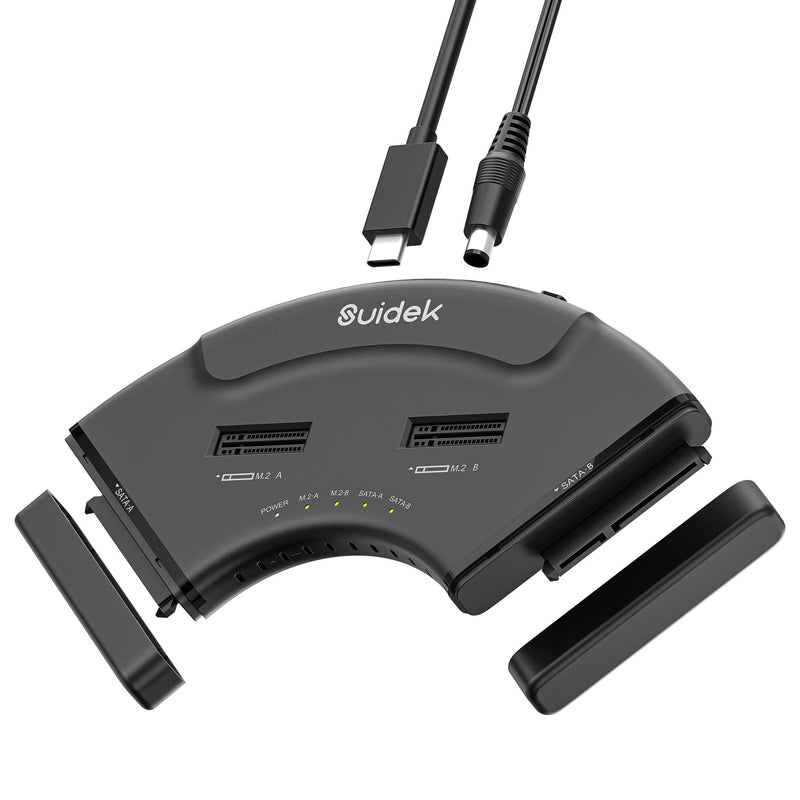 SUIDEK 4-Bay Dual M.2 NVMe & Dual SATA SSD Enclosure, 10Gbps, Plug & Play | USB-C SSD Converter, Simultaneous 4-Drive Access, Hard Drive Reader for M.2 (M+M/B Key) Any Sizes & 2.5/3.5 Inch SATA SSD/HDD Deep Black