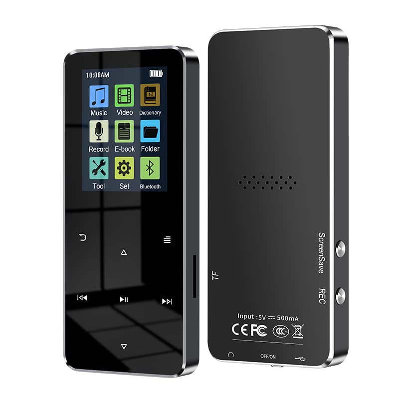 [AUSTRALIA] - 64GB MP3 Player with Bluetooth 5.0 2.0 inch Screen Touch Button Portable Hi-Fi Lossless Music Player Speaker with FM Radio Recorder Alarm Clock Pedometer Wired Headphone Support Card (Black) 