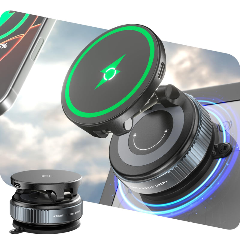 CloudValley 15W Wireless Fast Charging Car Phone Mount, Nano Gel Vacuum Suction Magnetic Phone Holder, 360° Adjustable Car Mount for iPhone 17/16/15/14/13, Strong Grip on Rough Surfaces