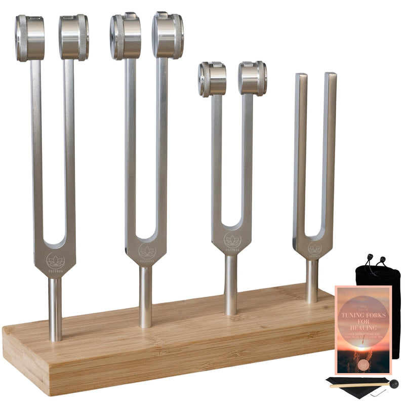 [AUSTRALIA] - Tuning Forks for Healing Set – 128 Hz, 136.1 Hz, 256 Hz, 384 Hz Sound Healing Instruments with Bamboo Display Tray and User Guide for Sound Therapy, Meditation, Chakra Healing & Sound Bath Rituals 