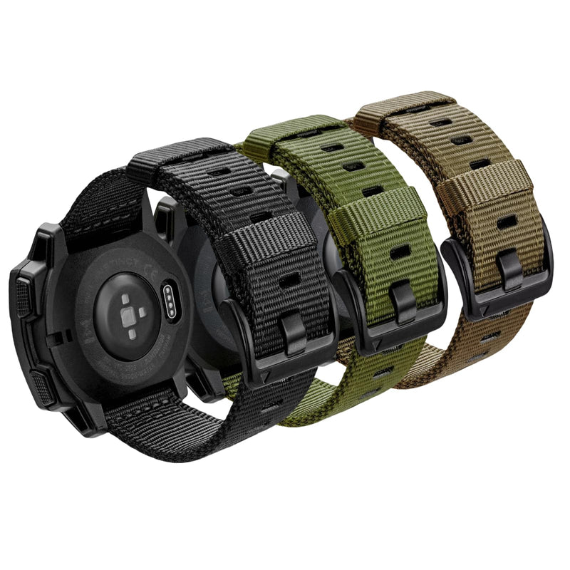 Rugged Nylon Watch Band Compatible with Garmin Instinct 1/2/3/E 45mm Strap | For Garmin Instinct watch band with perforated lightweight, breathable fabric nylon helps air flow and dries quickly 3 Pack: Black+Khaki+Green (Black buckle)