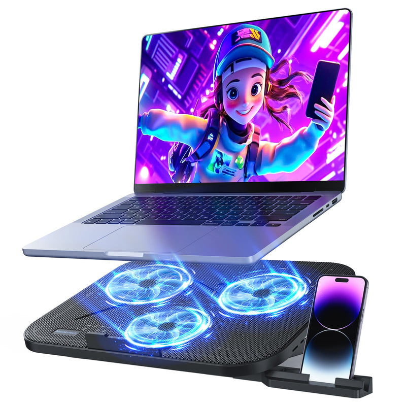 Laptop Cooling Pad with 3 Quiet Fans, 5-Level Height Adjustable Ergonomic Stand, 2 USB Ports & Phone Holder, Fits 12-17 Inch Laptops, Family-Friendly for Gaming/Work/Online Class,