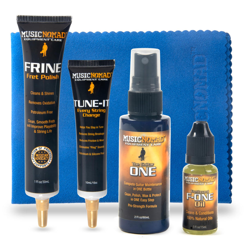 MusicNomad 5 pc. Guitar Cleaning & Care Kit: Cleaner, Fret Polish, Fretboard Oil, Nut Lubricant, Cloth for Guitar Body, Frets, Fretboard, Neck, Strings