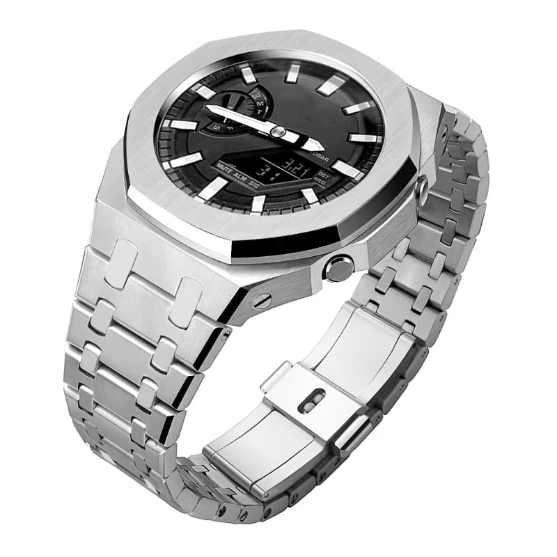 GA2100 Stainless Steel Watch Band Case Mod Kit, Smooth Bezel without Nails Metal Strap Accessories Compatible with Casio Mens G-Shock GA2100/GA-2110 Watches Silver