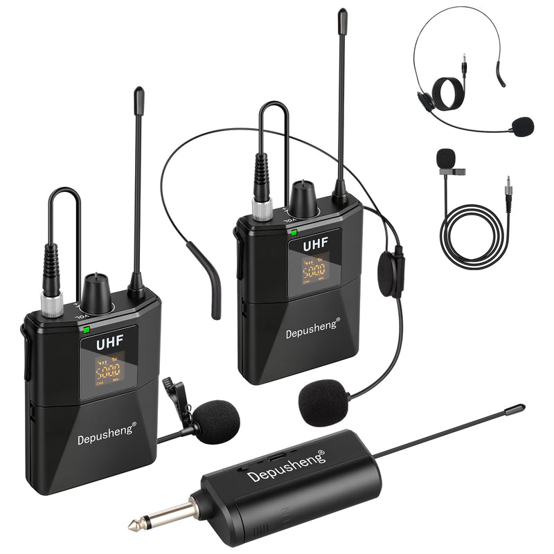 Depusheng UHF Microphone System -Wireless Microphone Set with Headset and Lavalier Lapel Mics, Beltpack Transmitter and Receiver,200ft Range, for Recording PA Speaker,Conference Q6MIC2
