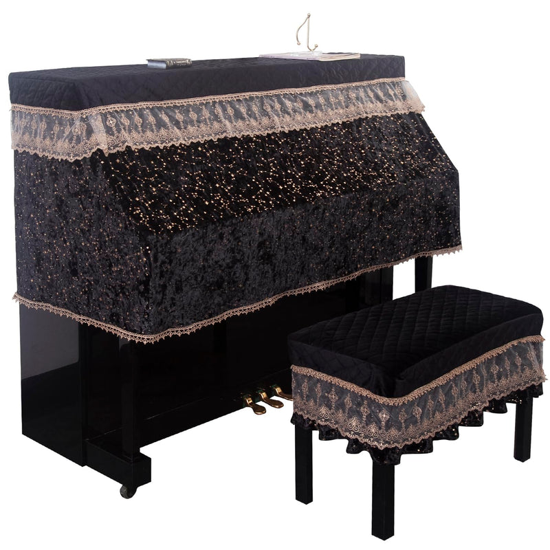 Luxury Velvet Piano Cover for Upright Pianos, Black with Gold Stars and Lace Trim, Quilted Top