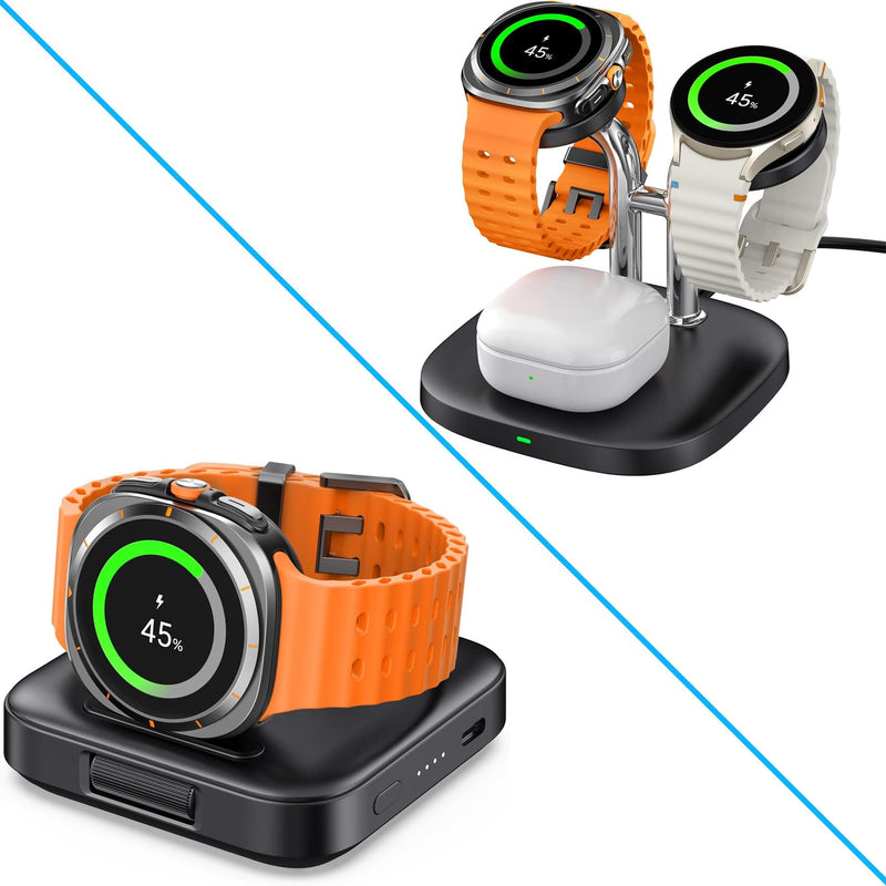 Dual Watch Charger and Portable Charger for Charging Samsung Watch, SwanScout 303S, 1800mAh Wireless Charger for Galaxy Watch 7/Ultra/6/6 Classic/5/5 Pro/4/4 Classic/3/Active 2/Active, for Travel